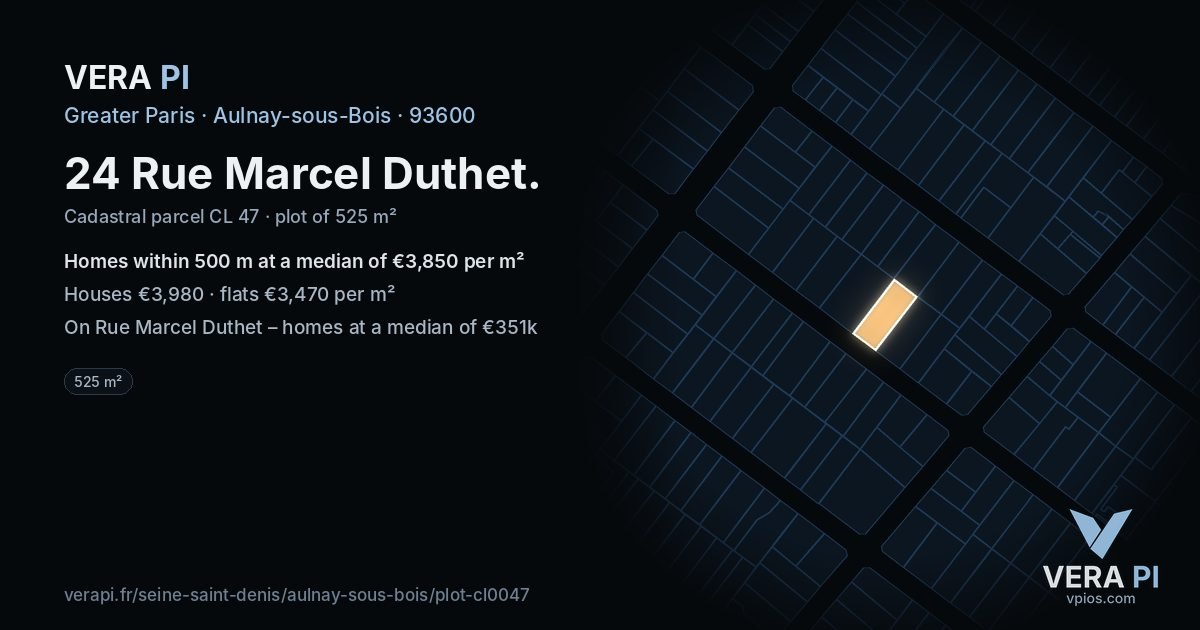 24 Rue Marcel Duthet, Aulnay-sous-Bois at night – the plot lit, the parcels around coloured by the prices near them