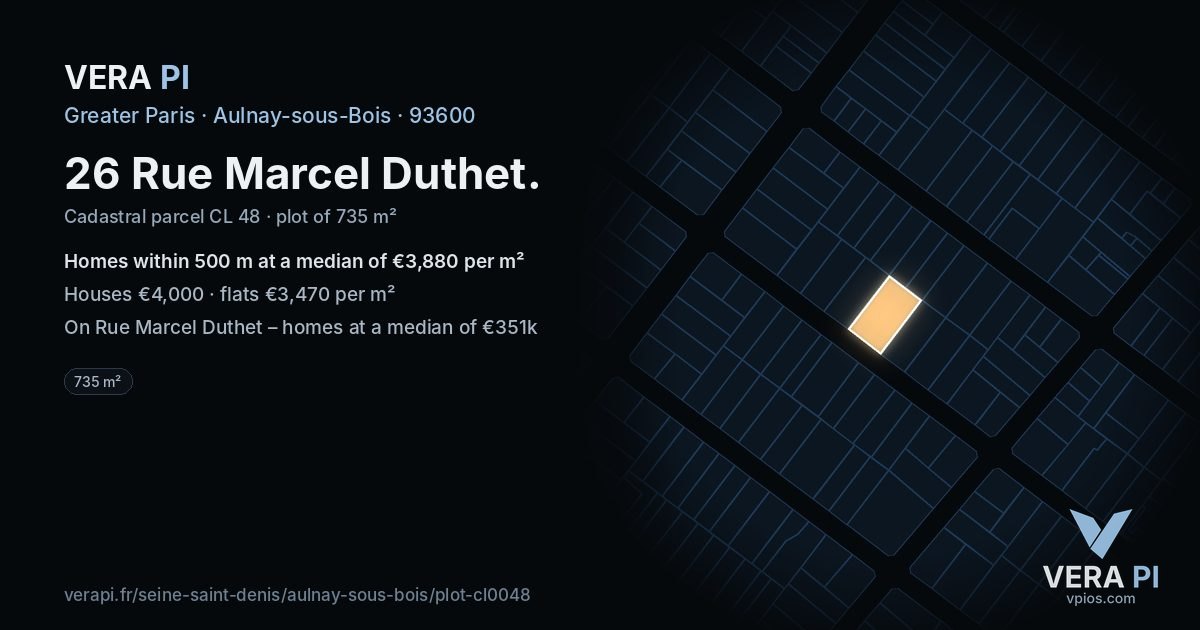 26 Rue Marcel Duthet, Aulnay-sous-Bois at night – the plot lit, the parcels around coloured by the prices near them