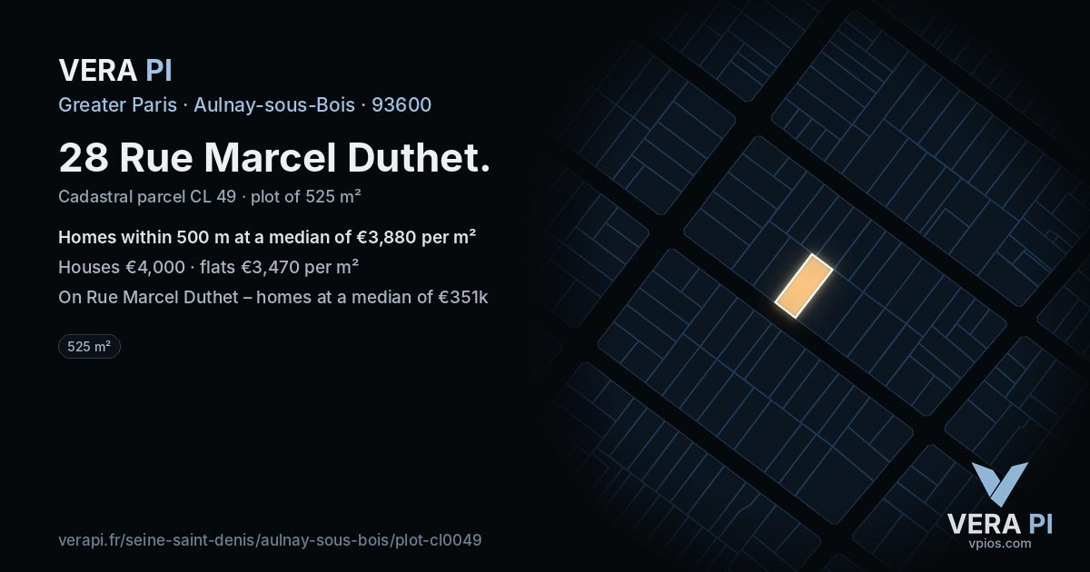 28 Rue Marcel Duthet, Aulnay-sous-Bois at night – the plot lit, the parcels around coloured by the prices near them