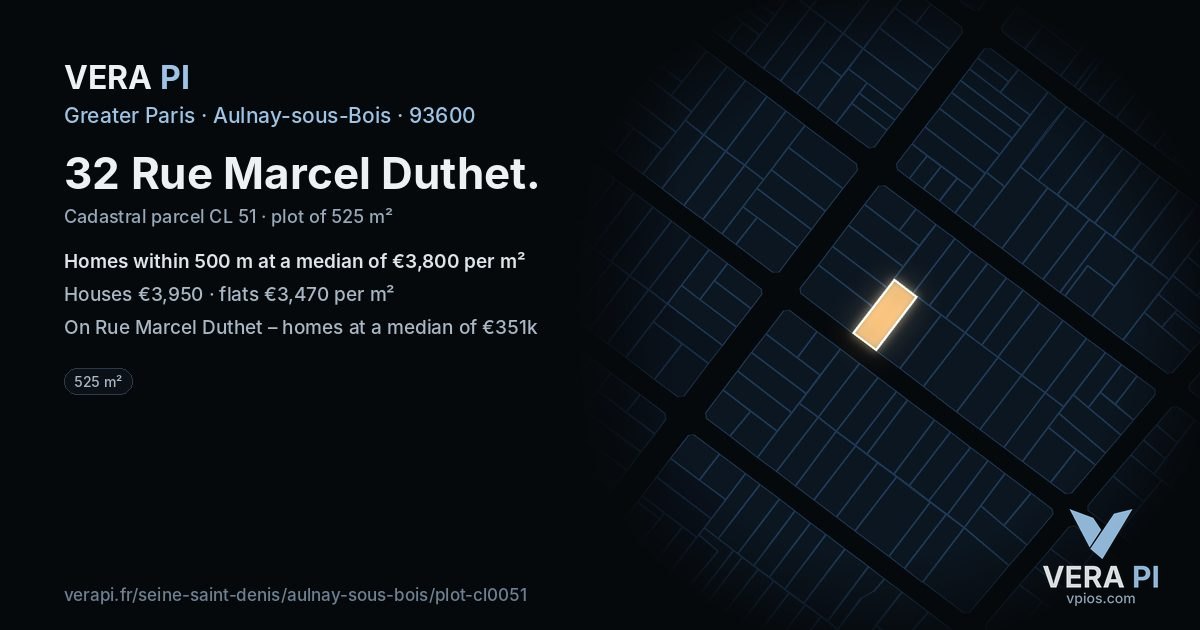 32 Rue Marcel Duthet, Aulnay-sous-Bois at night – the plot lit, the parcels around coloured by the prices near them