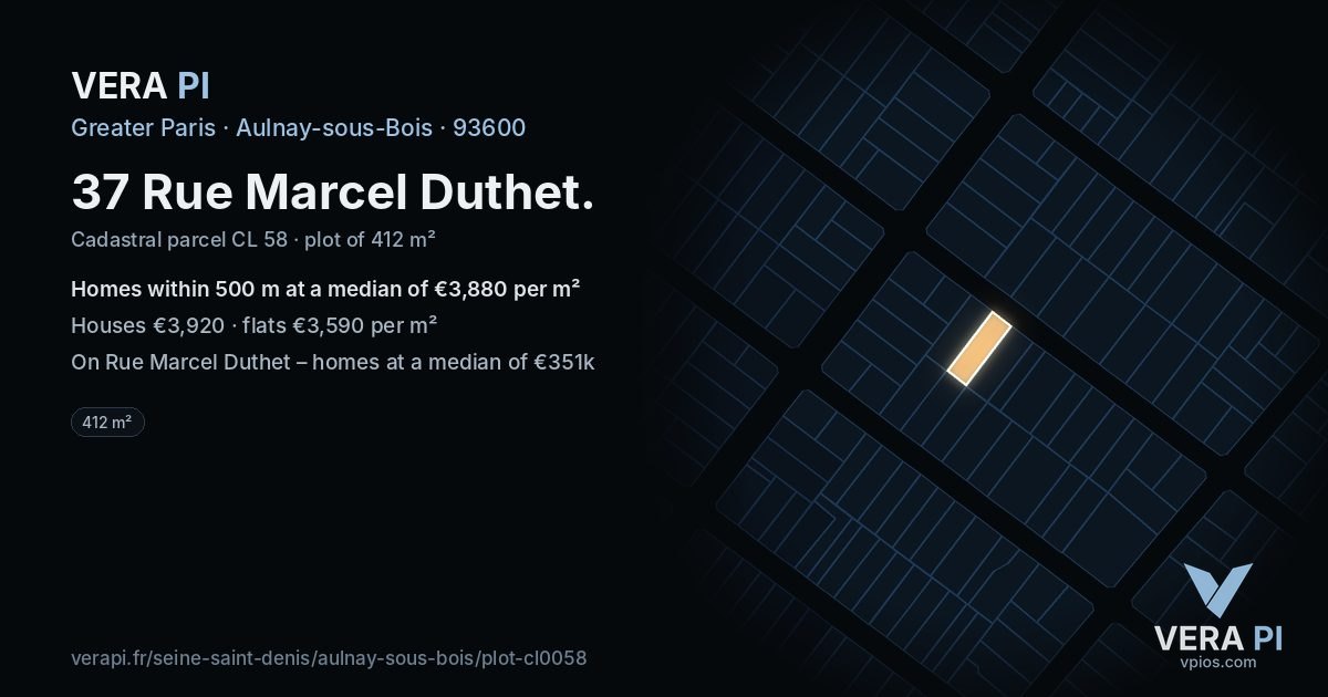 37 Rue Marcel Duthet, Aulnay-sous-Bois at night – the plot lit, the parcels around coloured by the prices near them