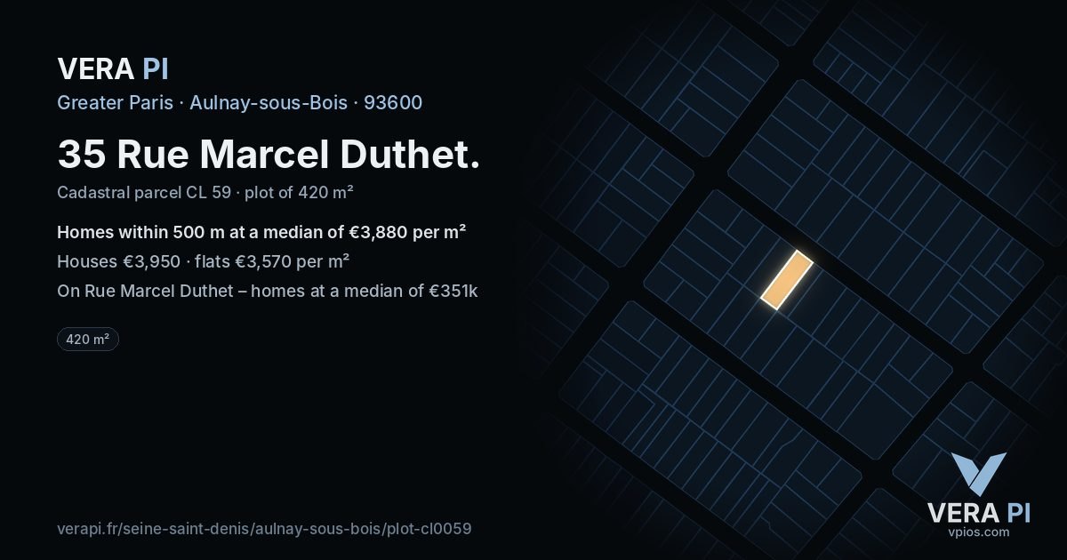 35 Rue Marcel Duthet, Aulnay-sous-Bois at night – the plot lit, the parcels around coloured by the prices near them