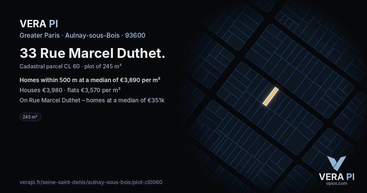 33 Rue Marcel Duthet, Aulnay-sous-Bois at night – the plot lit, the parcels around coloured by the prices near them