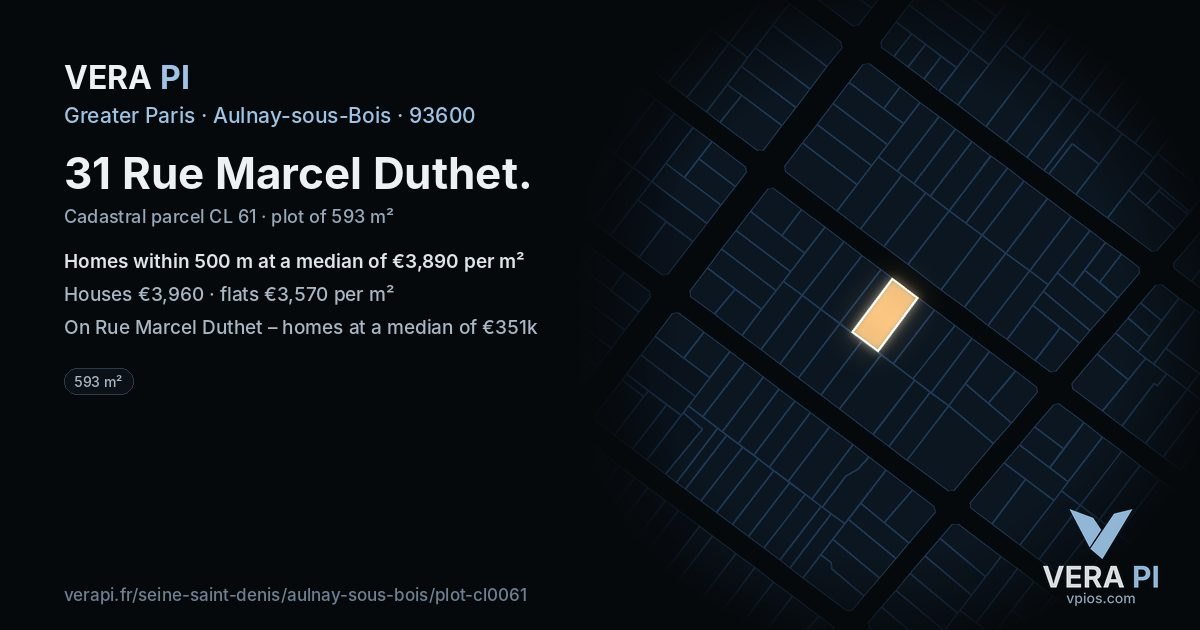 31 Rue Marcel Duthet, Aulnay-sous-Bois at night – the plot lit, the parcels around coloured by the prices near them