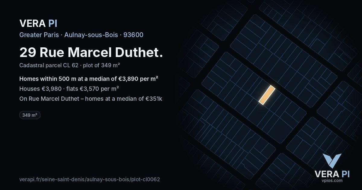 29 Rue Marcel Duthet, Aulnay-sous-Bois at night – the plot lit, the parcels around coloured by the prices near them