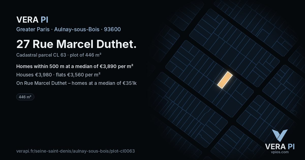 27 Rue Marcel Duthet, Aulnay-sous-Bois at night – the plot lit, the parcels around coloured by the prices near them