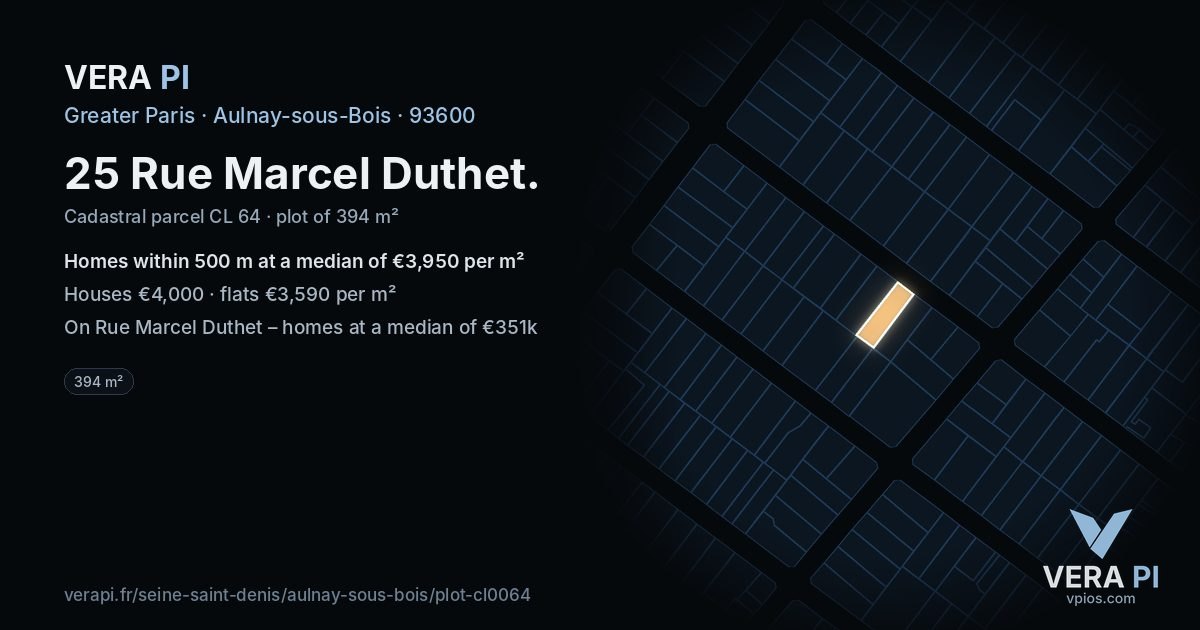 25 Rue Marcel Duthet, Aulnay-sous-Bois at night – the plot lit, the parcels around coloured by the prices near them