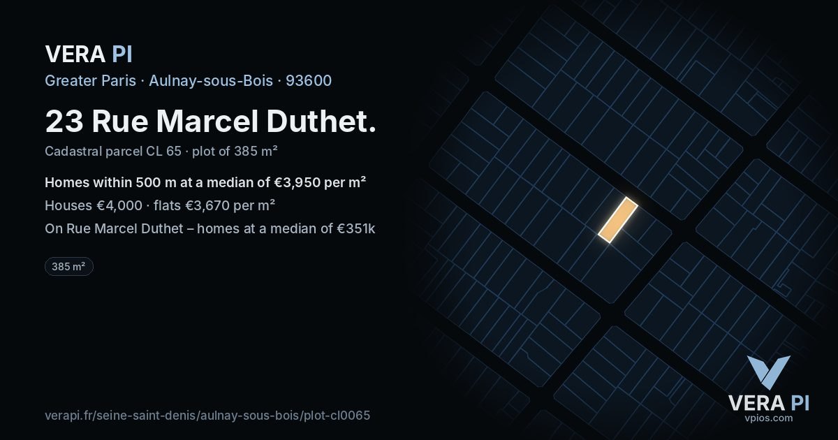 23 Rue Marcel Duthet, Aulnay-sous-Bois at night – the plot lit, the parcels around coloured by the prices near them