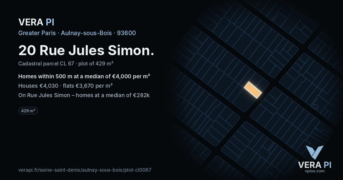20 Rue Jules Simon, Aulnay-sous-Bois at night – the plot lit, the parcels around coloured by the prices near them