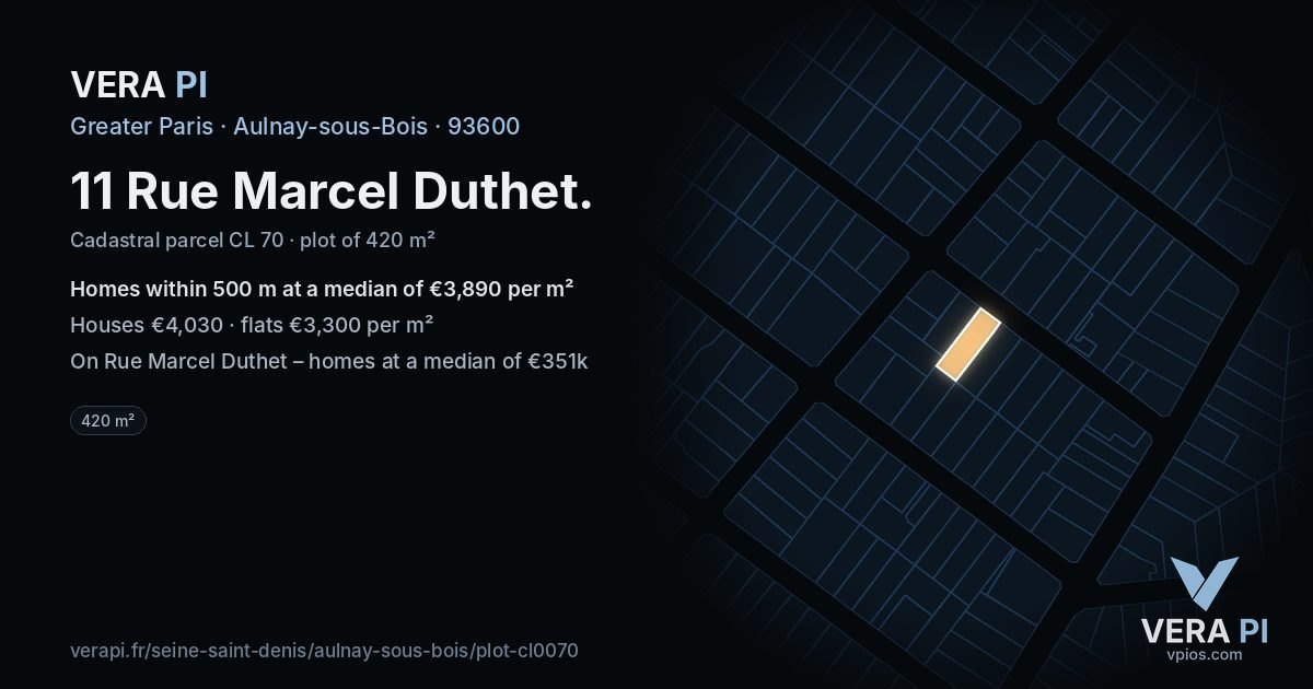 11 Rue Marcel Duthet, Aulnay-sous-Bois at night – the plot lit, the parcels around coloured by the prices near them