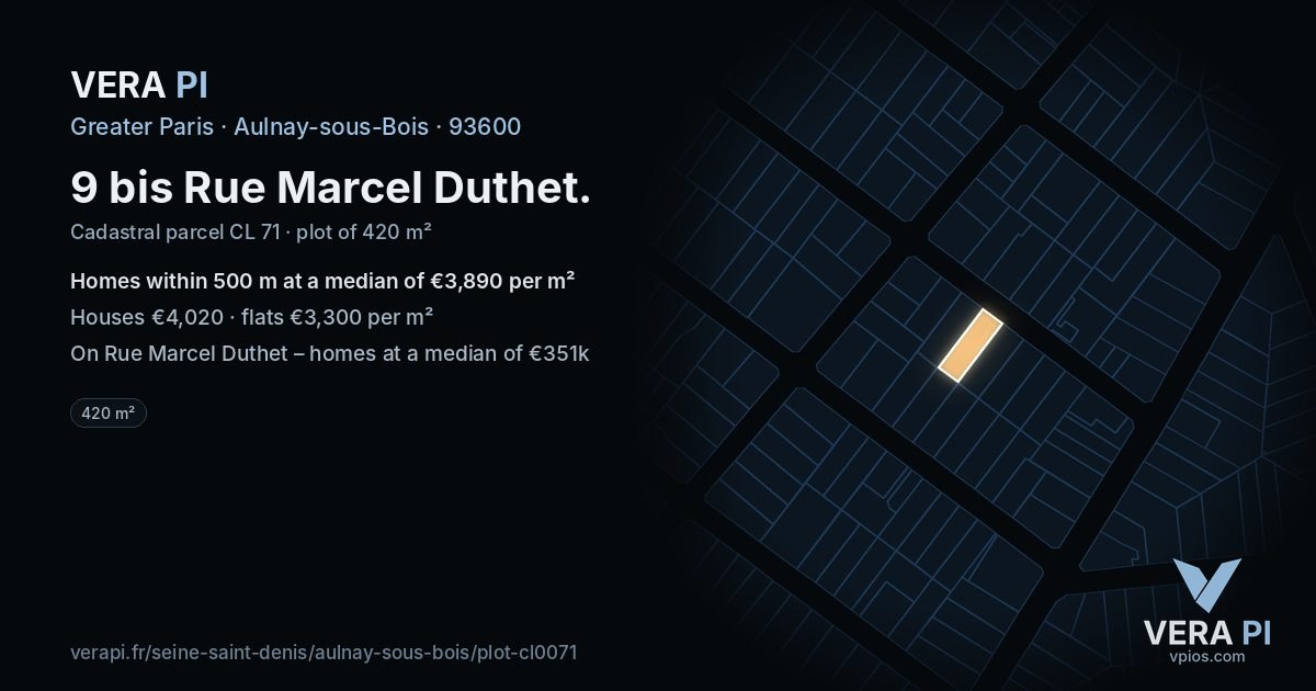 9 bis Rue Marcel Duthet, Aulnay-sous-Bois at night – the plot lit, the parcels around coloured by the prices near them
