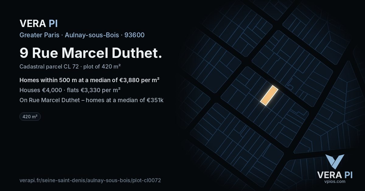 9 Rue Marcel Duthet, Aulnay-sous-Bois at night – the plot lit, the parcels around coloured by the prices near them