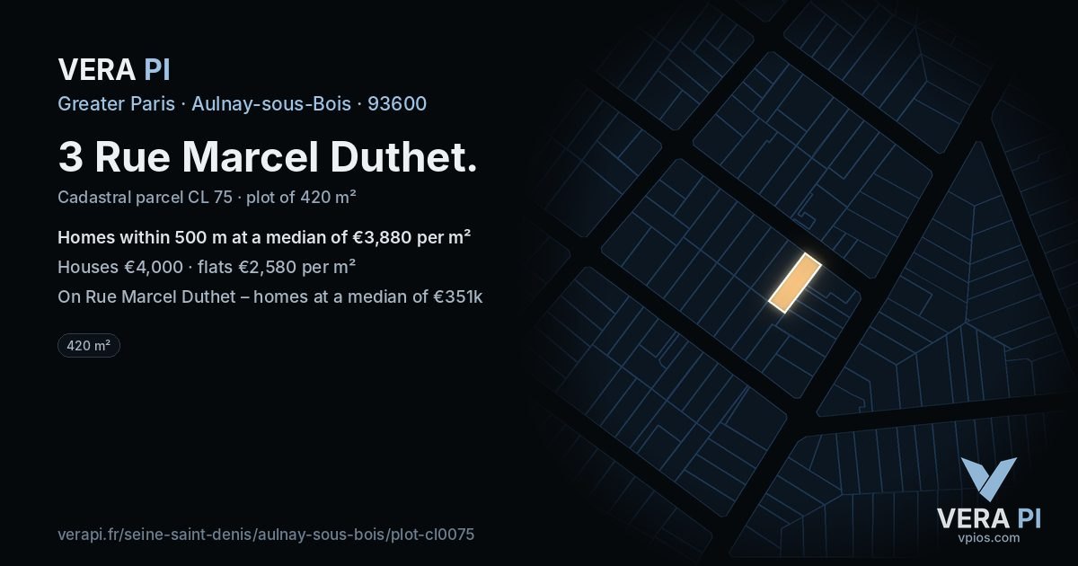 3 Rue Marcel Duthet, Aulnay-sous-Bois at night – the plot lit, the parcels around coloured by the prices near them