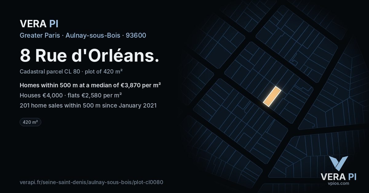 8 Rue d'Orléans, Aulnay-sous-Bois at night – the plot lit, the parcels around coloured by the prices near them