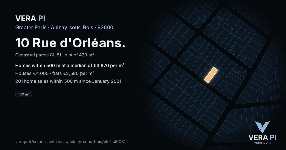 10 Rue d'Orléans, Aulnay-sous-Bois at night – the plot lit, the parcels around coloured by the prices near them