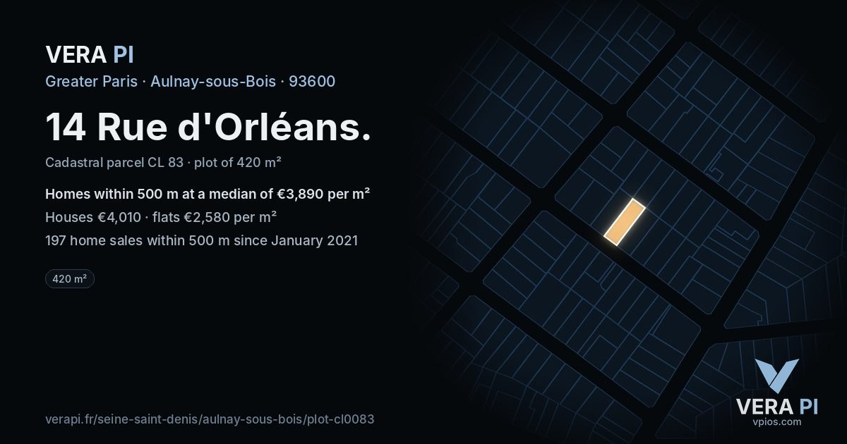 14 Rue d'Orléans, Aulnay-sous-Bois at night – the plot lit, the parcels around coloured by the prices near them