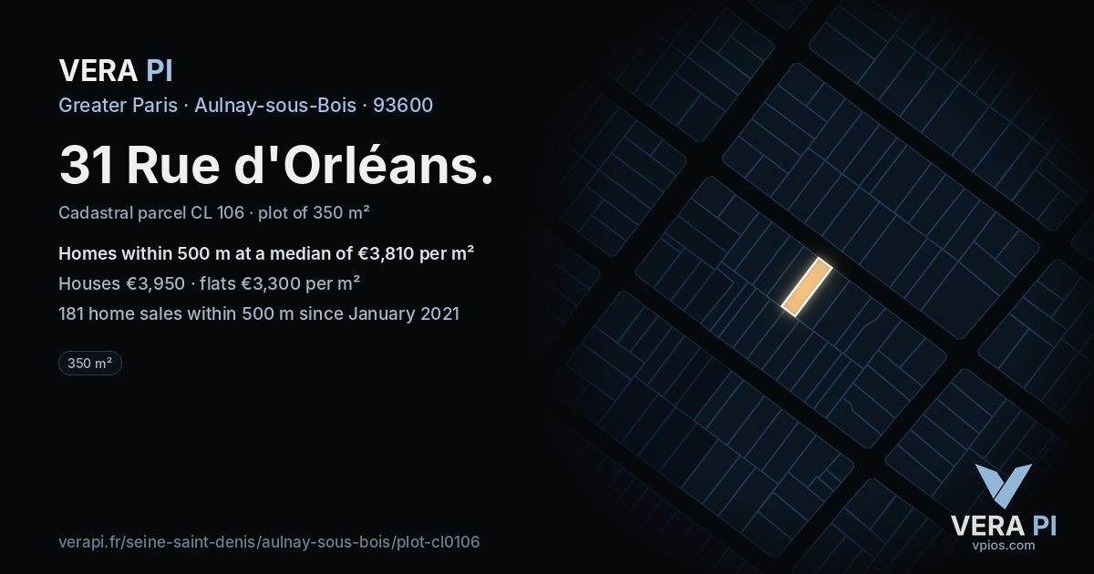 31 Rue d'Orléans, Aulnay-sous-Bois at night – the plot lit, the parcels around coloured by the prices near them