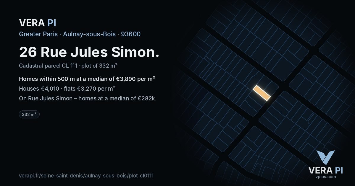26 Rue Jules Simon, Aulnay-sous-Bois at night – the plot lit, the parcels around coloured by the prices near them