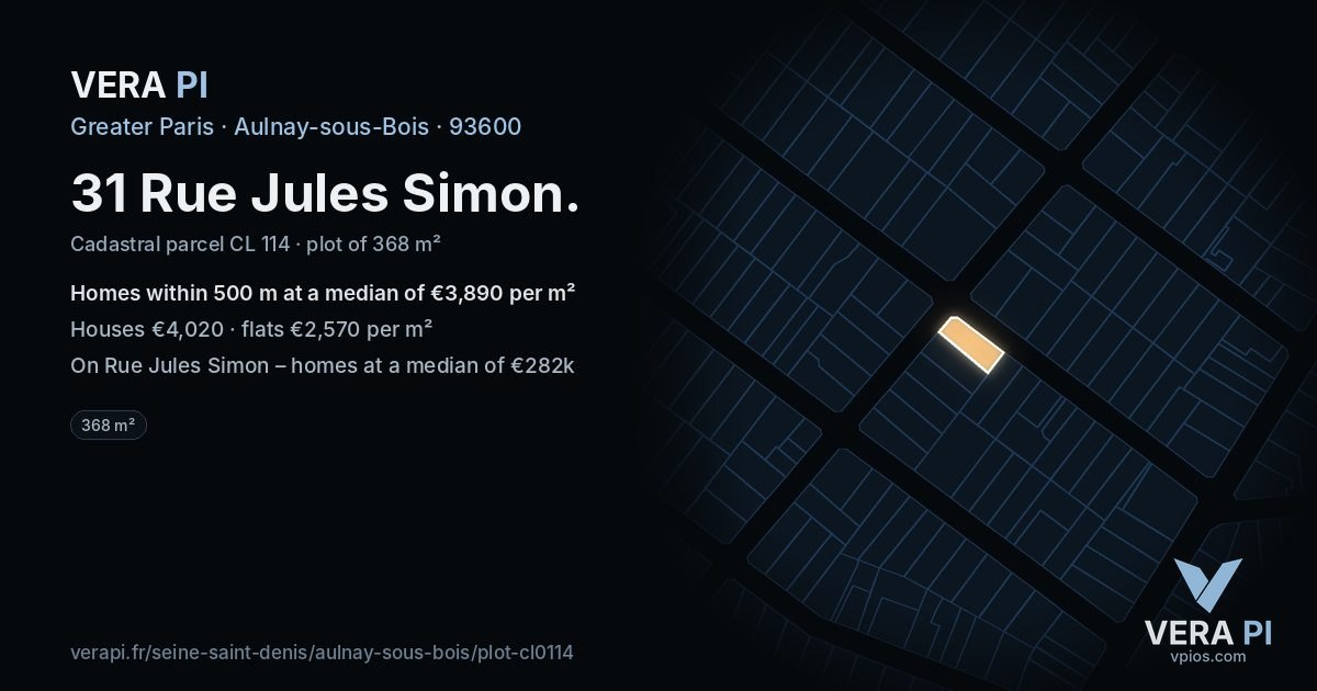 31 Rue Jules Simon, Aulnay-sous-Bois at night – the plot lit, the parcels around coloured by the prices near them