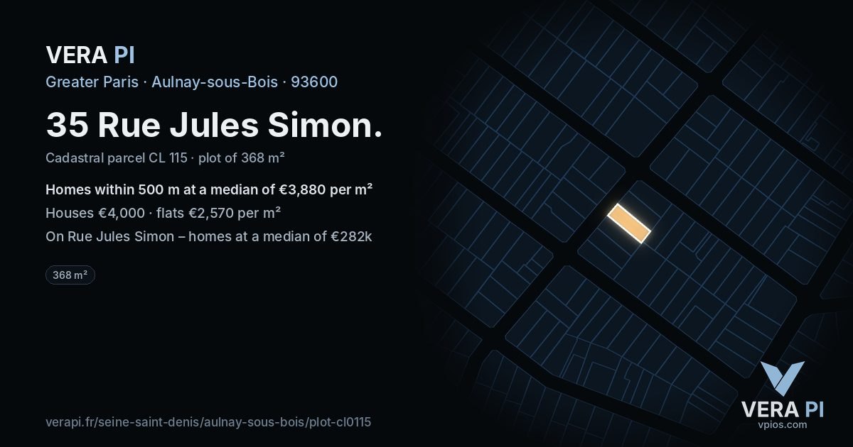 35 Rue Jules Simon, Aulnay-sous-Bois at night – the plot lit, the parcels around coloured by the prices near them