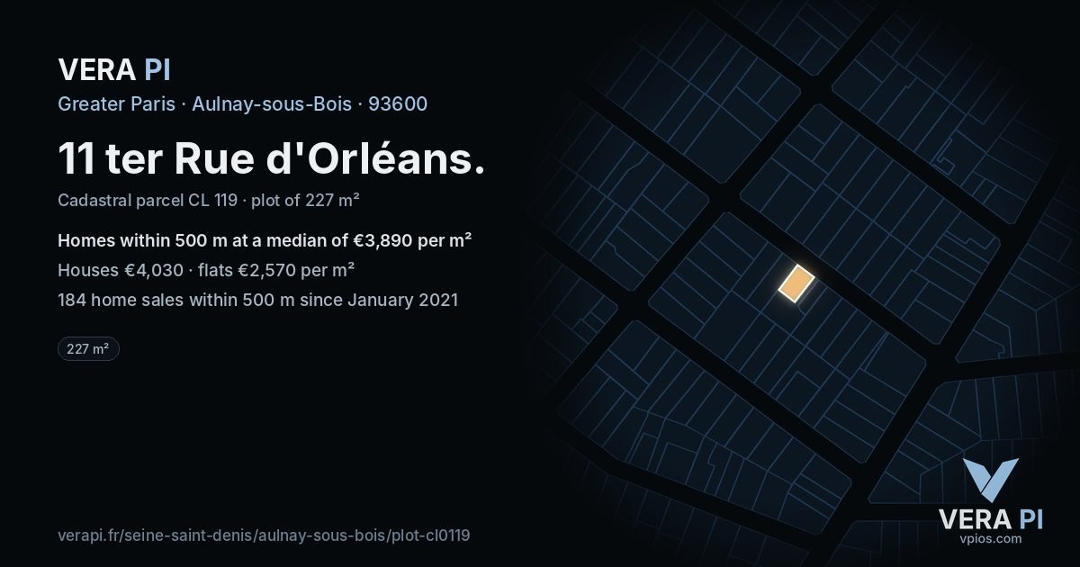 11 ter Rue d'Orléans, Aulnay-sous-Bois at night – the plot lit, the parcels around coloured by the prices near them