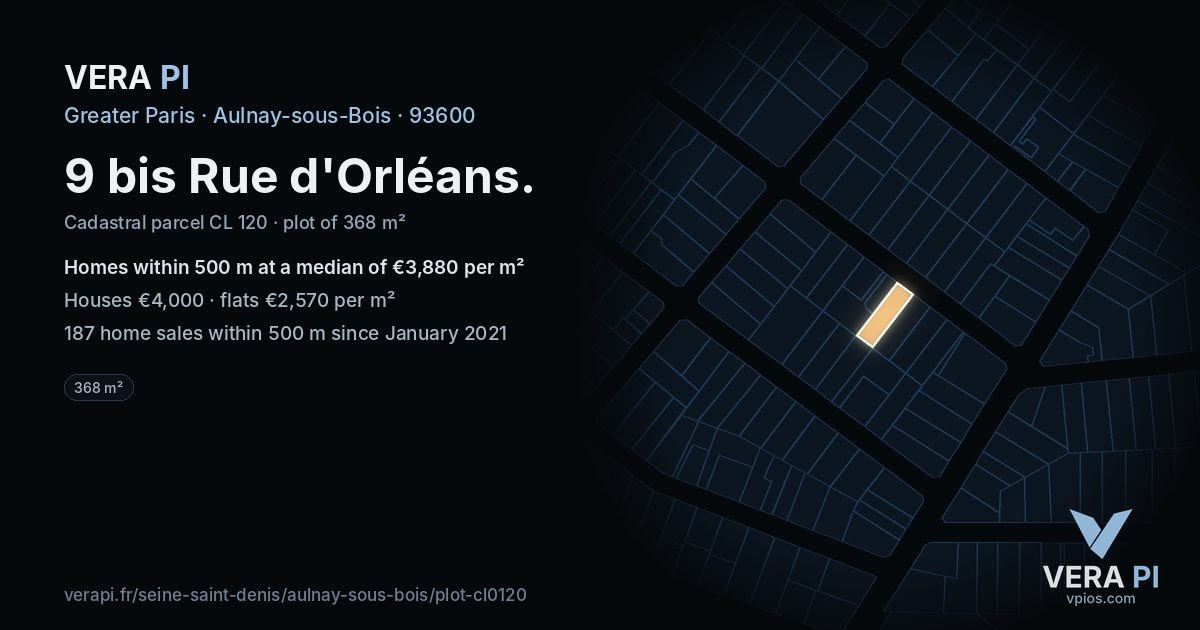 9 bis Rue d'Orléans, Aulnay-sous-Bois at night – the plot lit, the parcels around coloured by the prices near them