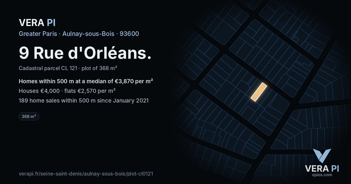 9 Rue d'Orléans, Aulnay-sous-Bois at night – the plot lit, the parcels around coloured by the prices near them