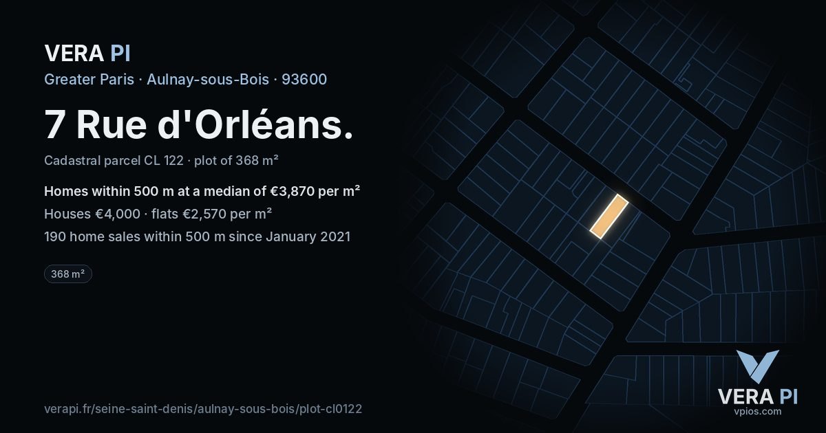 7 Rue d'Orléans, Aulnay-sous-Bois at night – the plot lit, the parcels around coloured by the prices near them