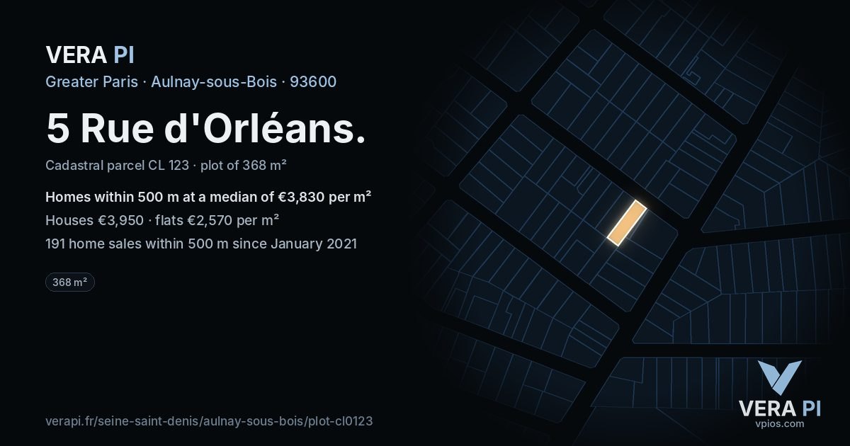 5 Rue d'Orléans, Aulnay-sous-Bois at night – the plot lit, the parcels around coloured by the prices near them