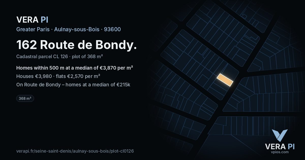 162 Route de Bondy, Aulnay-sous-Bois at night – the plot lit, the parcels around coloured by the prices near them