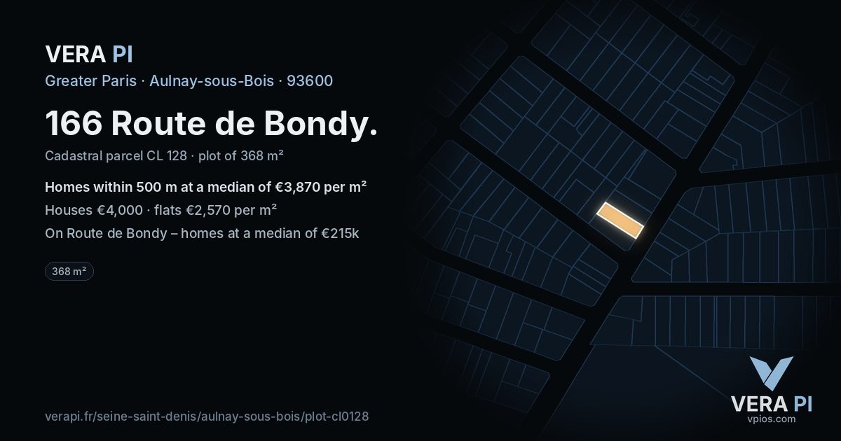 166 Route de Bondy, Aulnay-sous-Bois at night – the plot lit, the parcels around coloured by the prices near them