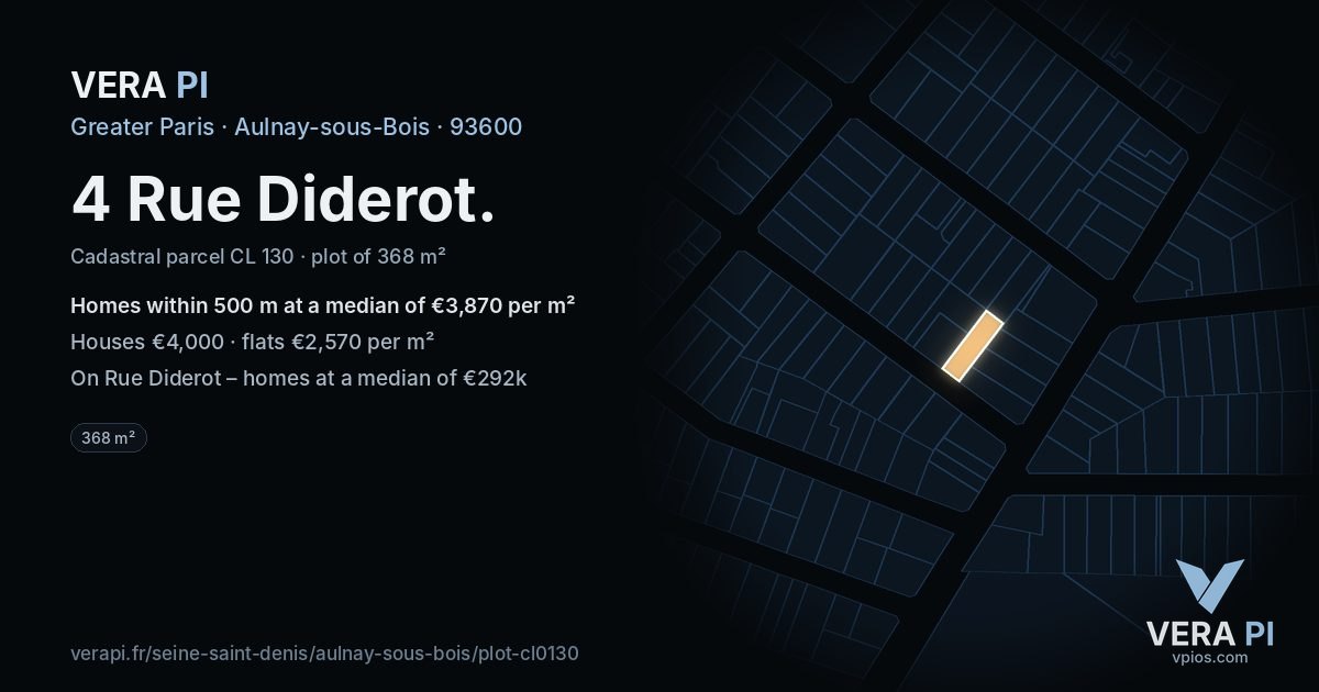4 Rue Diderot, Aulnay-sous-Bois at night – the plot lit, the parcels around coloured by the prices near them