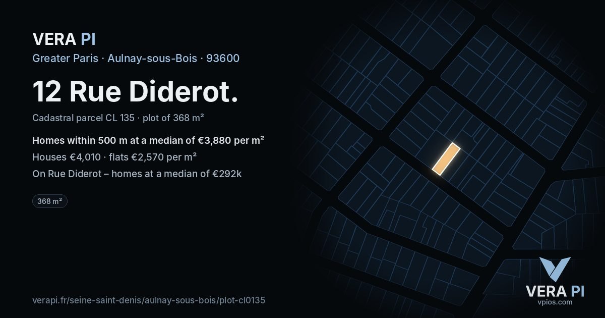 12 Rue Diderot, Aulnay-sous-Bois at night – the plot lit, the parcels around coloured by the prices near them
