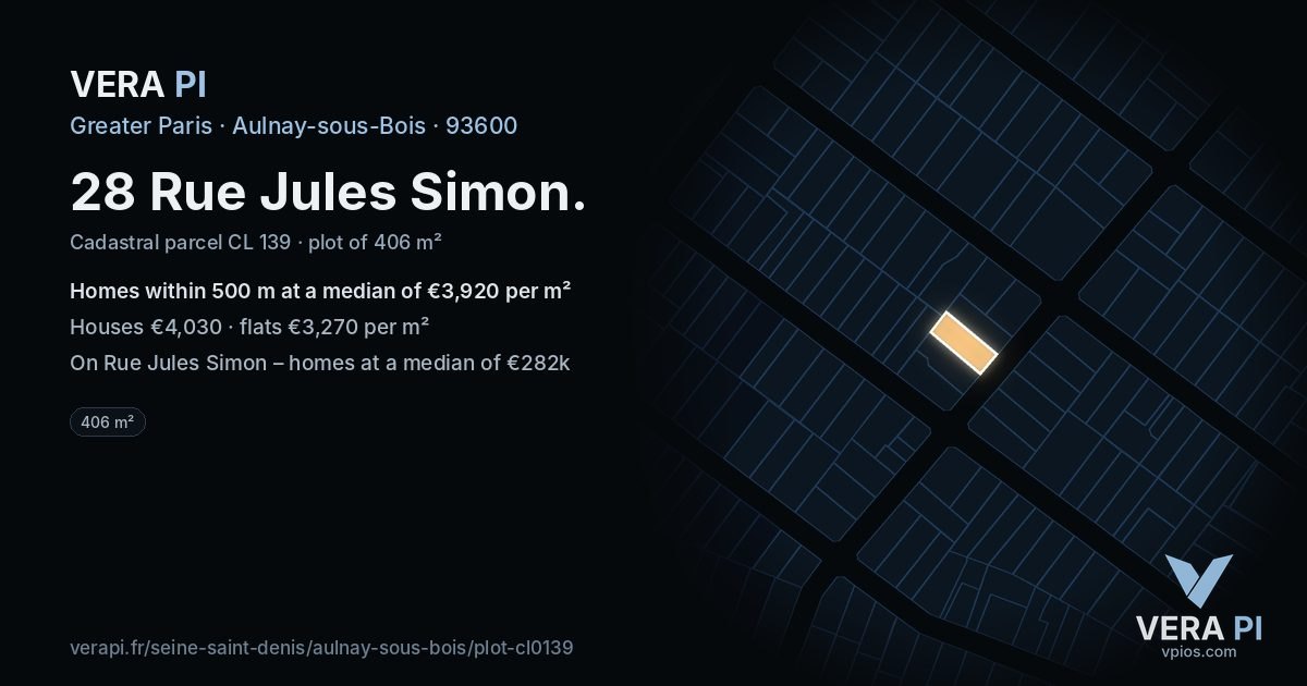 28 Rue Jules Simon, Aulnay-sous-Bois at night – the plot lit, the parcels around coloured by the prices near them