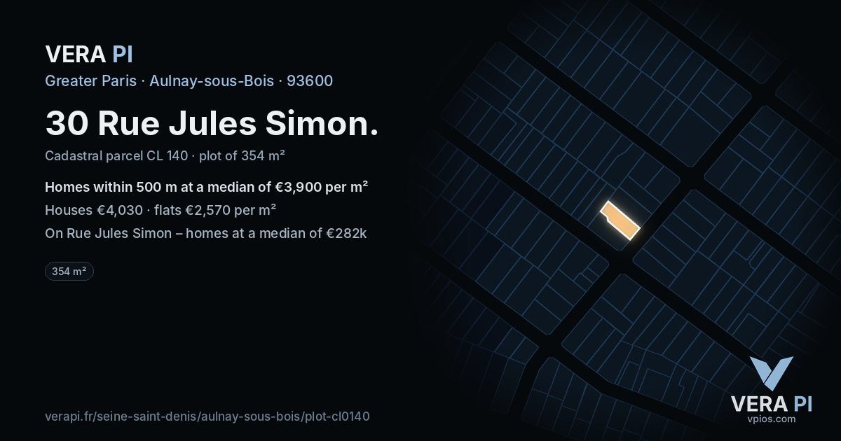 30 Rue Jules Simon, Aulnay-sous-Bois at night – the plot lit, the parcels around coloured by the prices near them