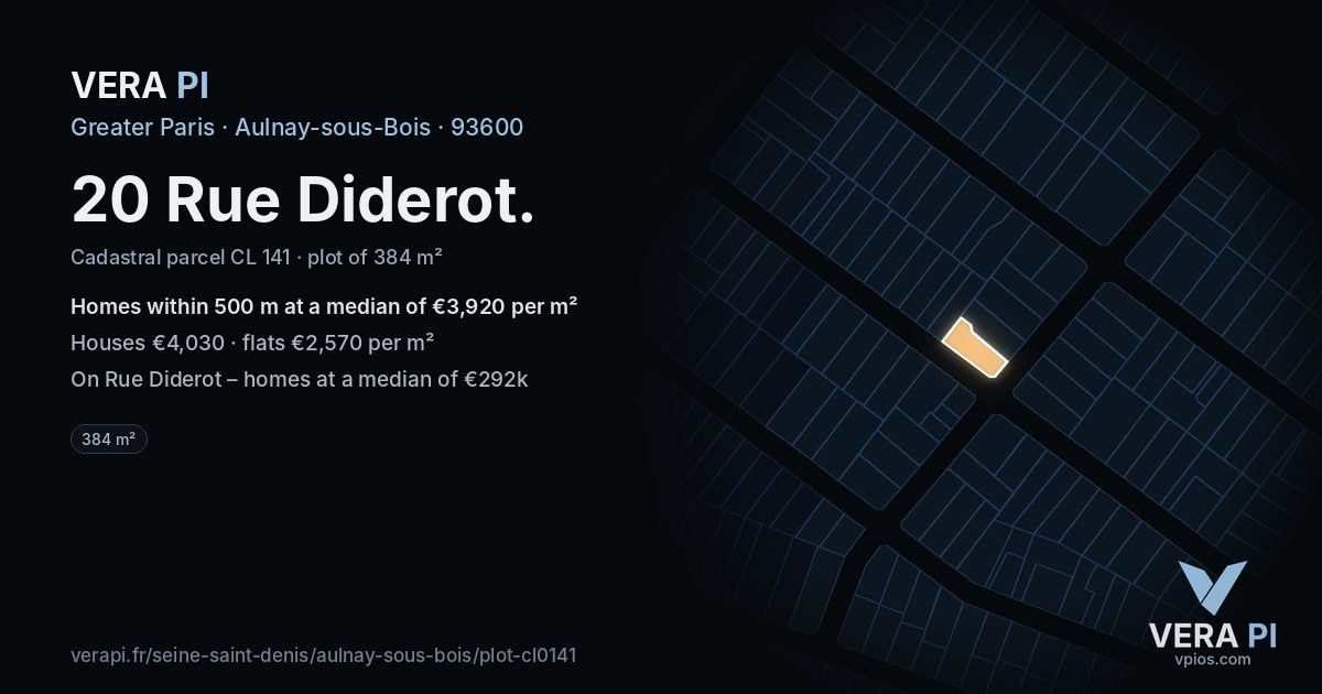 20 Rue Diderot, Aulnay-sous-Bois at night – the plot lit, the parcels around coloured by the prices near them
