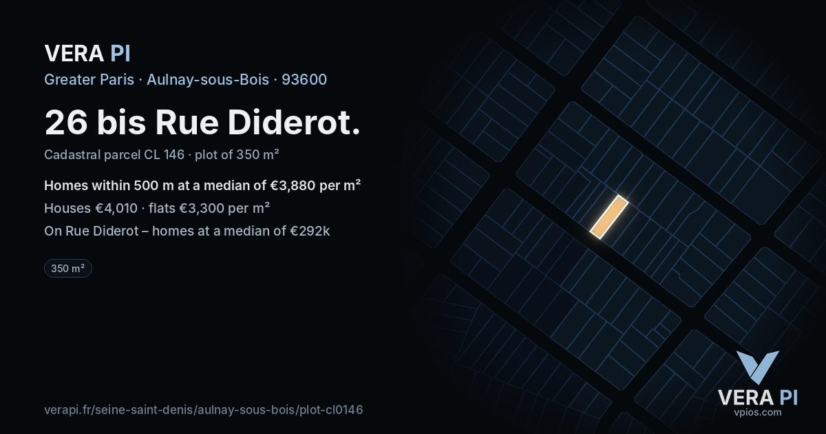 26 bis Rue Diderot, Aulnay-sous-Bois at night – the plot lit, the parcels around coloured by the prices near them