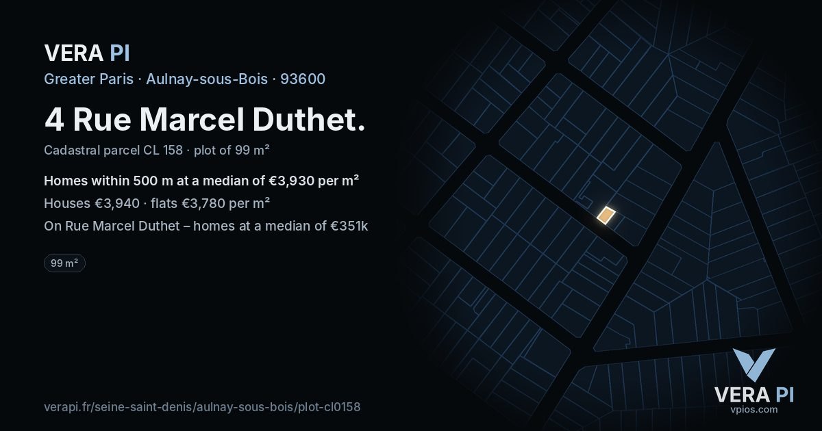 4 Rue Marcel Duthet, Aulnay-sous-Bois at night – the plot lit, the parcels around coloured by the prices near them
