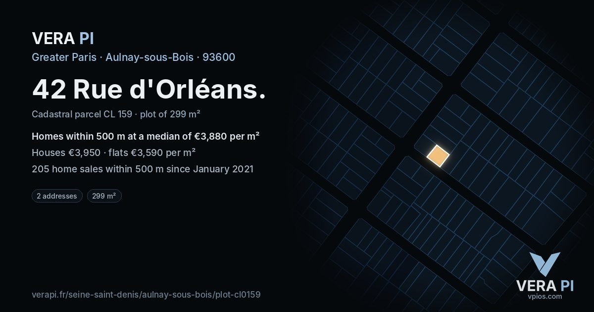 42 Rue d'Orléans, Aulnay-sous-Bois at night – the plot lit, the parcels around coloured by the prices near them