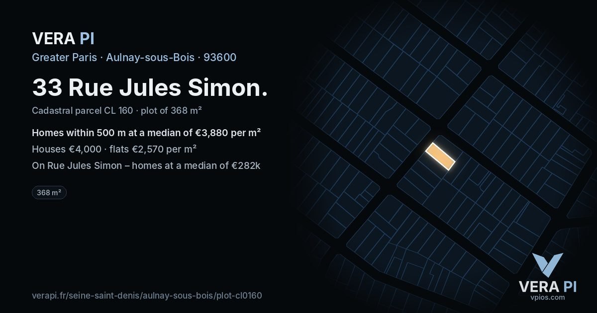 33 Rue Jules Simon, Aulnay-sous-Bois at night – the plot lit, the parcels around coloured by the prices near them