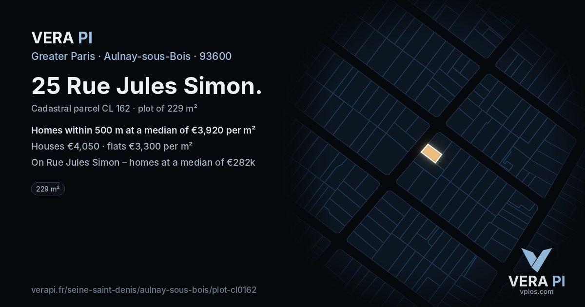 25 Rue Jules Simon, Aulnay-sous-Bois at night – the plot lit, the parcels around coloured by the prices near them