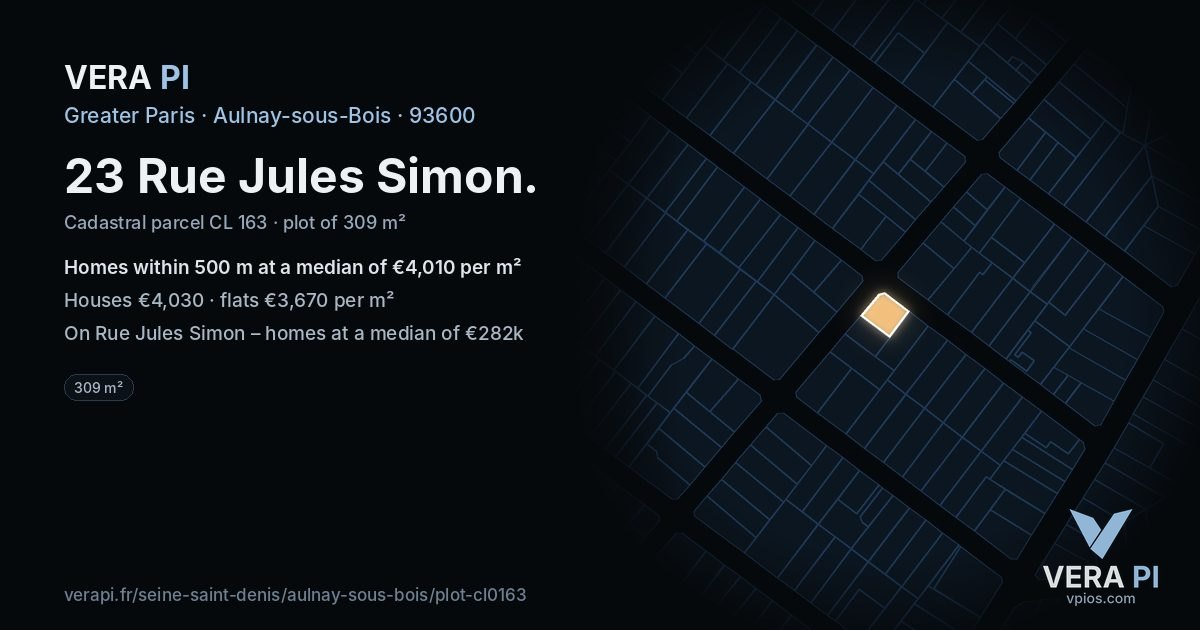23 Rue Jules Simon, Aulnay-sous-Bois at night – the plot lit, the parcels around coloured by the prices near them