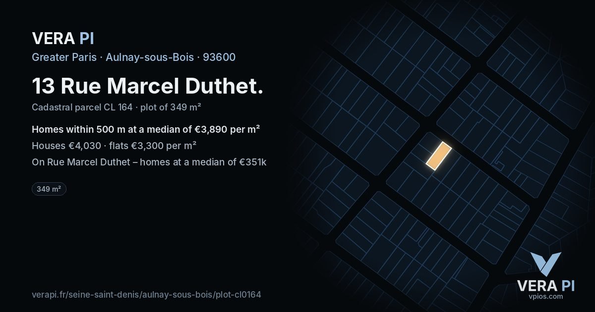 13 Rue Marcel Duthet, Aulnay-sous-Bois at night – the plot lit, the parcels around coloured by the prices near them