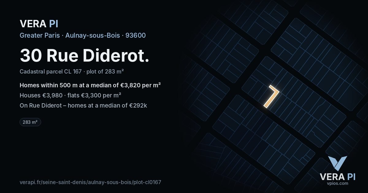 30 Rue Diderot, Aulnay-sous-Bois at night – the plot lit, the parcels around coloured by the prices near them