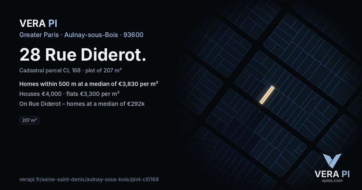 28 Rue Diderot, Aulnay-sous-Bois at night – the plot lit, the parcels around coloured by the prices near them