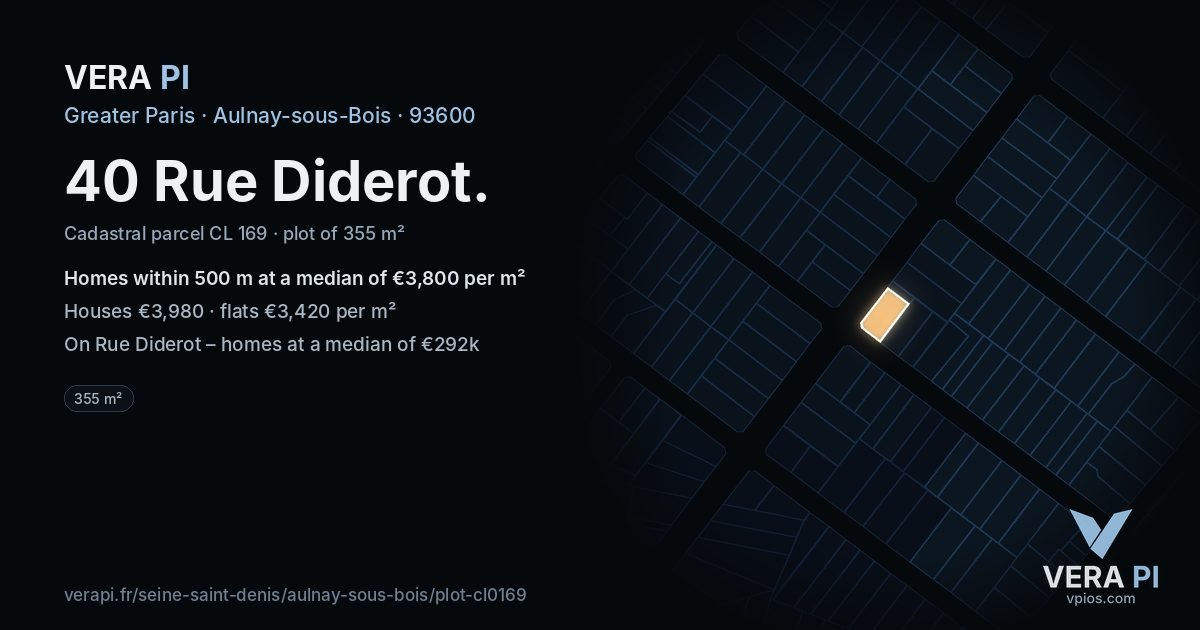 40 Rue Diderot, Aulnay-sous-Bois at night – the plot lit, the parcels around coloured by the prices near them
