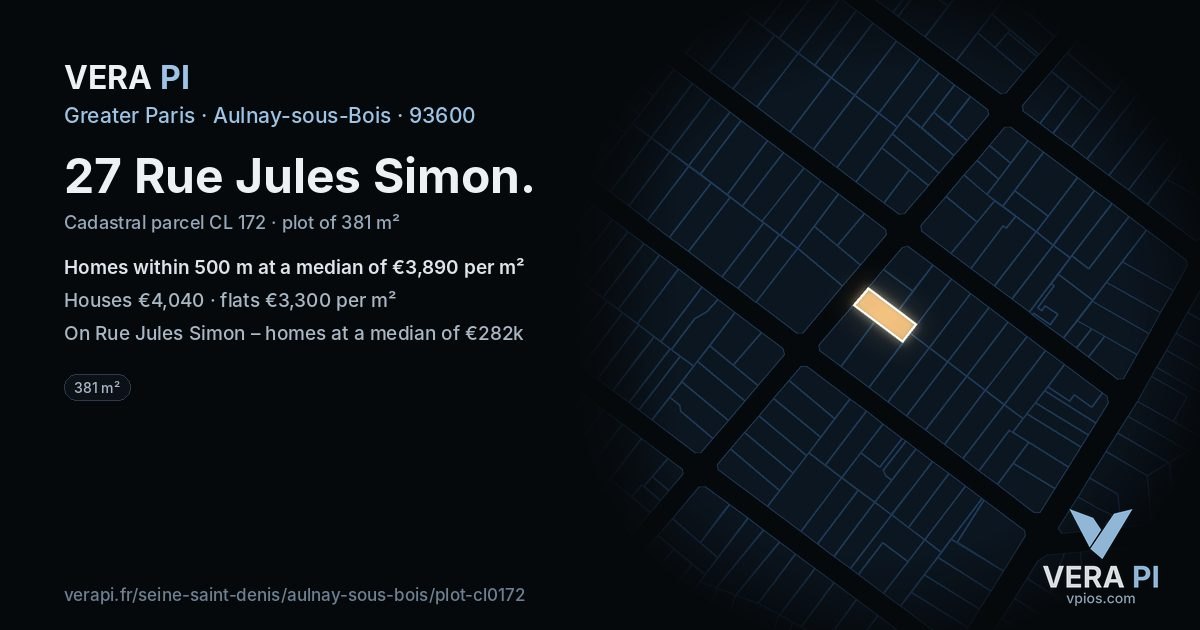27 Rue Jules Simon, Aulnay-sous-Bois at night – the plot lit, the parcels around coloured by the prices near them