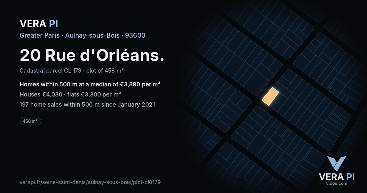 20 Rue d'Orléans, Aulnay-sous-Bois at night – the plot lit, the parcels around coloured by the prices near them