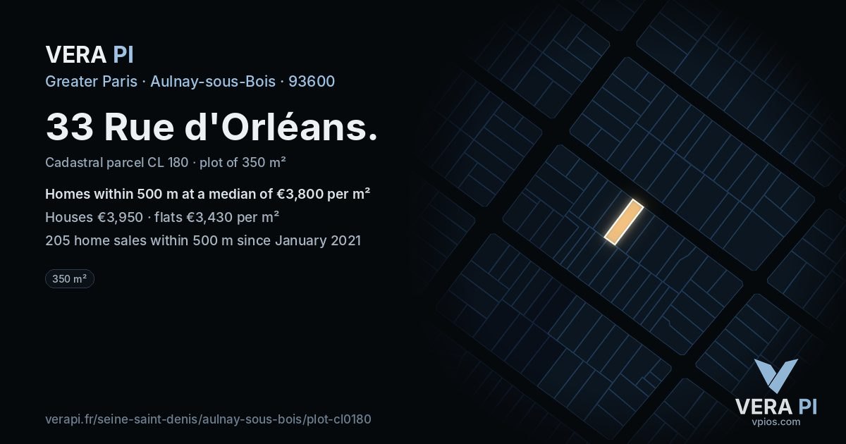 33 Rue d'Orléans, Aulnay-sous-Bois at night – the plot lit, the parcels around coloured by the prices near them