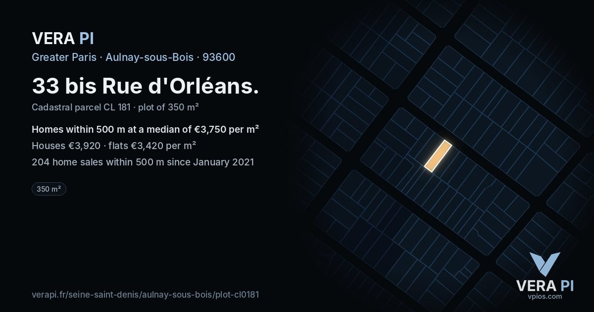 33 bis Rue d'Orléans, Aulnay-sous-Bois at night – the plot lit, the parcels around coloured by the prices near them